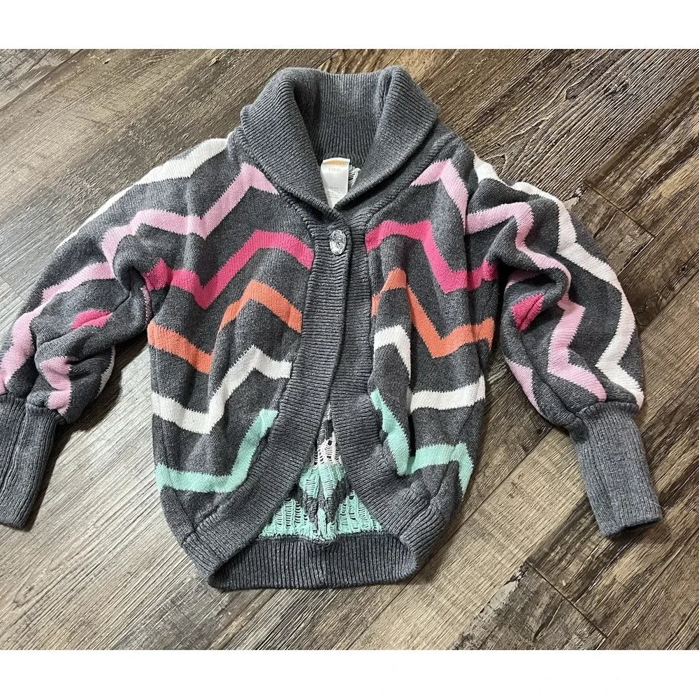 Gymboree Girls Size 5-6 Knit Cardigan Long Sleeve Gray Chevron